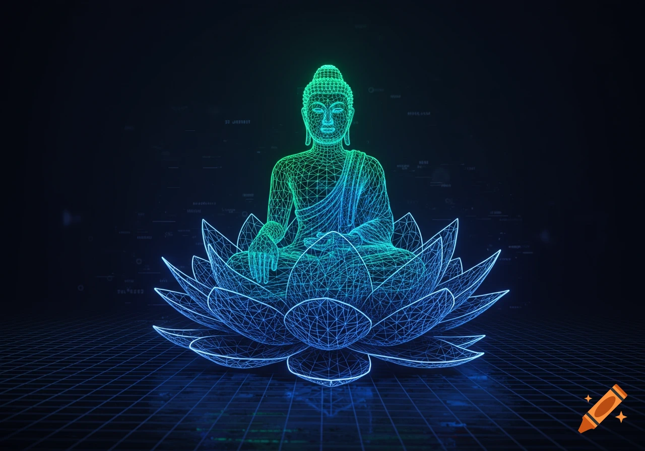 A neon green and blue wireframe Buddha sits in a lotus flower on a grid-patterned dark background, in a 3D digital art style.