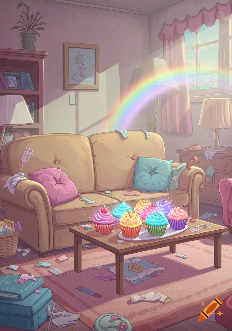 A cartoon-style, messy living room with a rainbow spanning across it. A coffee table in the foreground holds a plate of glowing, colorful cupcakes.