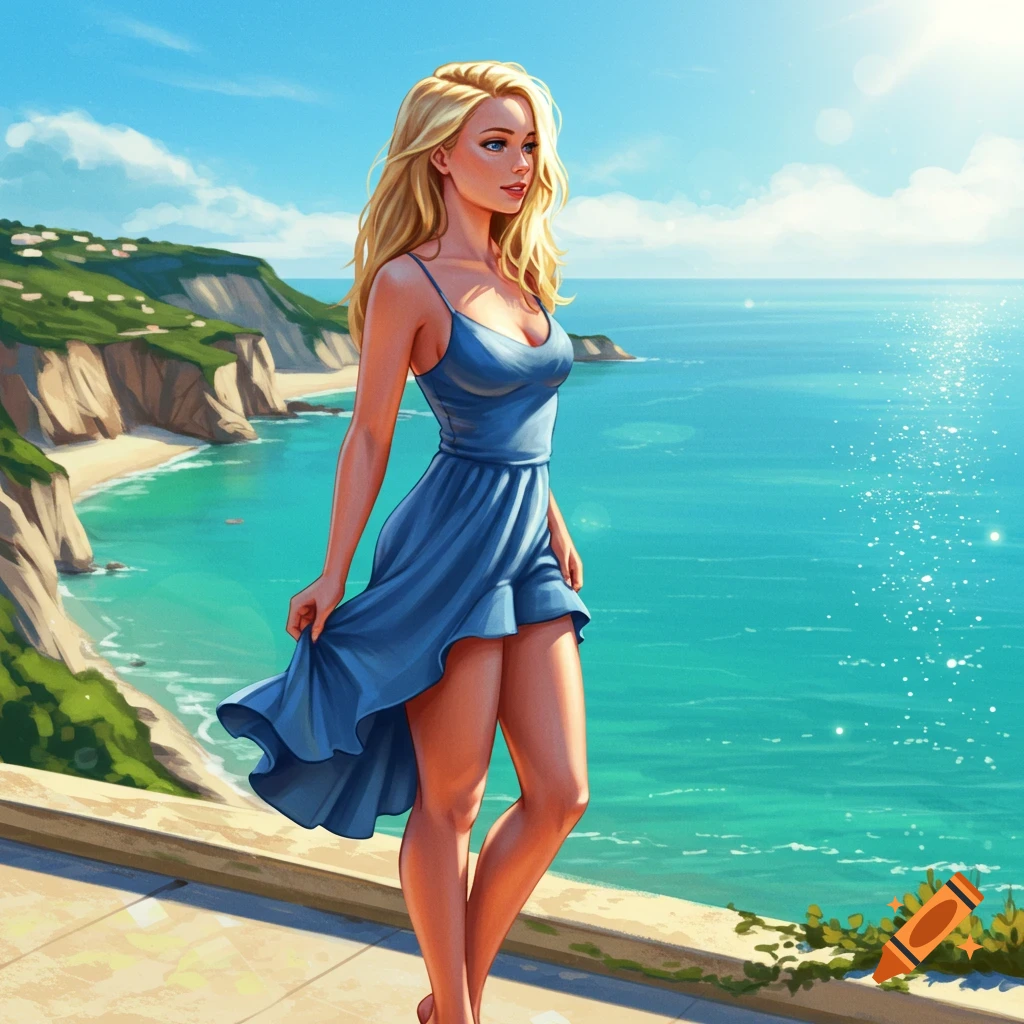 A blonde woman in a blue dress stands on a balcony, looking out at a sunny beach and blue ocean with cliffs in an illustration.