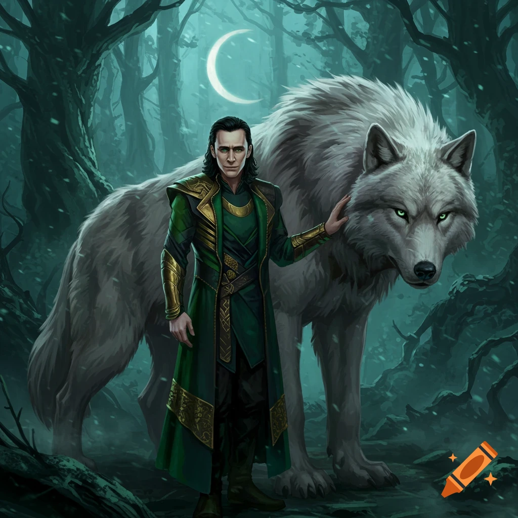 Loki, dressed in green and gold, stands next to a large white wolf in a mystical, dark forest under a crescent moon.