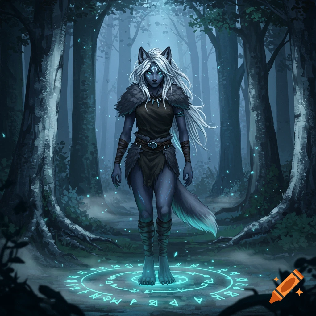 A dark-skinned wolf-girl with white hair and glowing blue eyes stands in a dark forest on a glowing magical circle, wearing fur and leather.