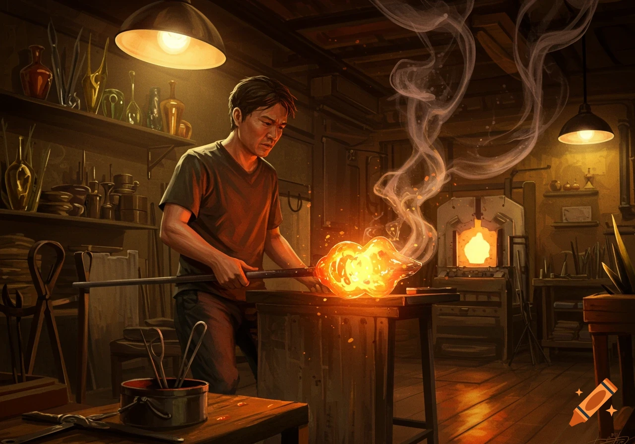 A man in a dimly lit workshop actively glassblowing a glowing orange vase, with smoke rising and tools on shelves.