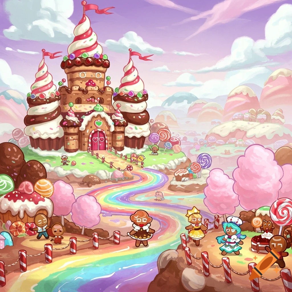 A vibrant, whimsical landscape features a gingerbread castle with whipped cream spires, a rainbow path, and several cartoon cookie-like characters.