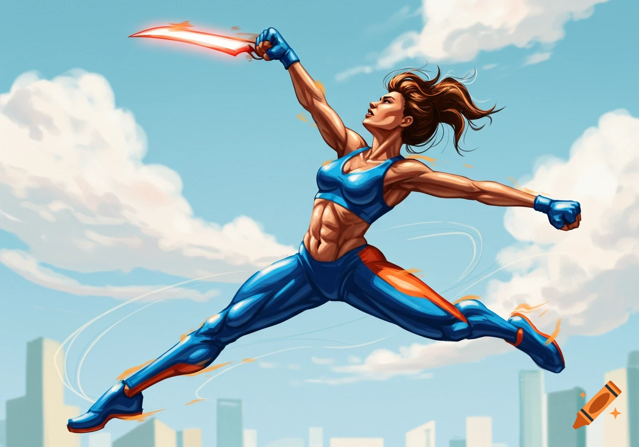 An athletic woman in blue sportswear jumps with a glowing red sword against a blue sky and city skyline.