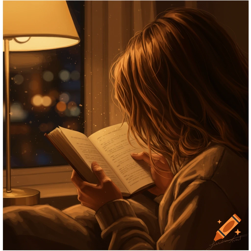 A person with long brown hair, seen from behind, reads a book by the warm glow of a lamp at night, with city lights blurred outside a window.
