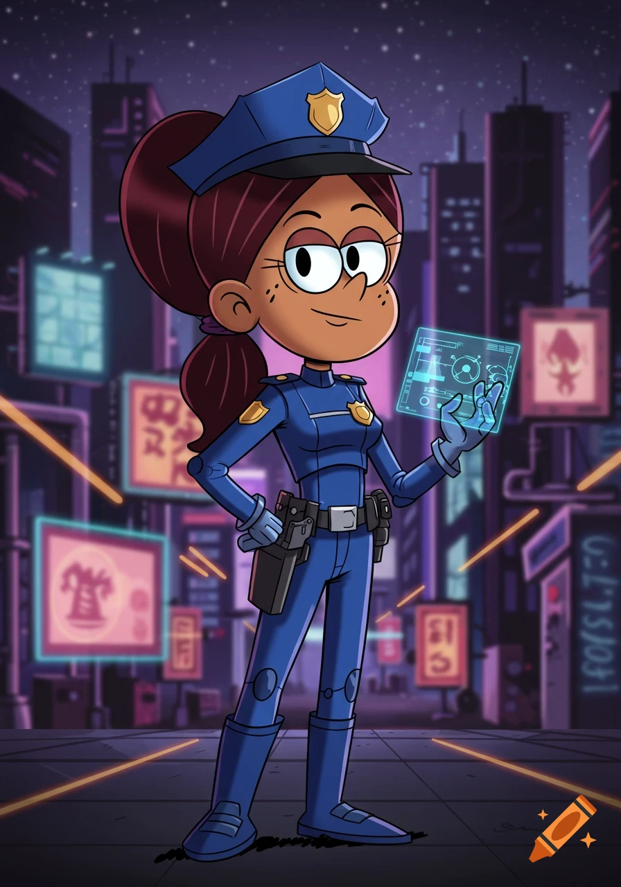 2D animated Ronnie Anne Santiago as a police officer in a futuristic city, holding a glowing holographic screen.