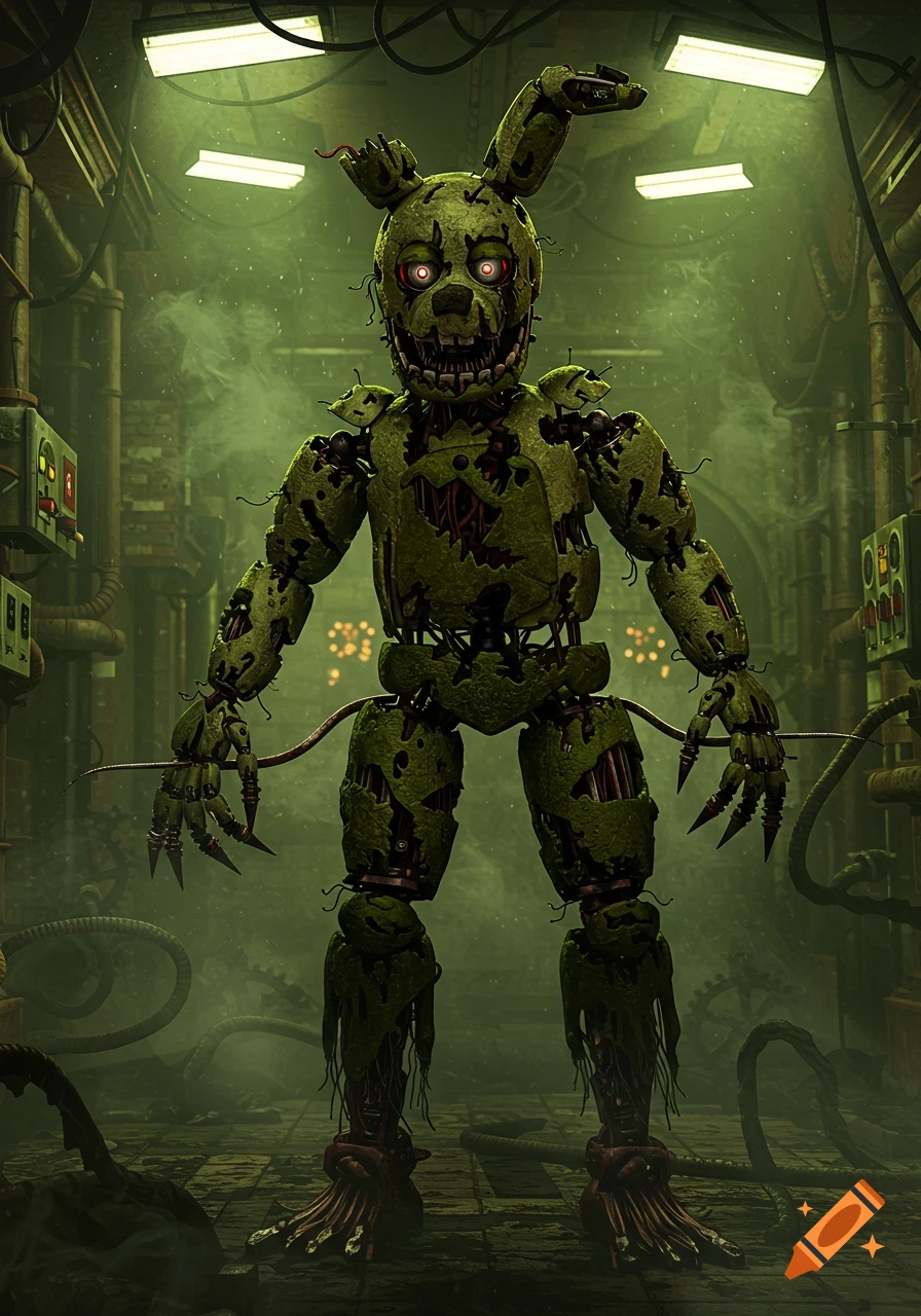 A creepy, dilapidated green animatronic rabbit with glowing red eyes stands in a dark, smoky, industrial setting.