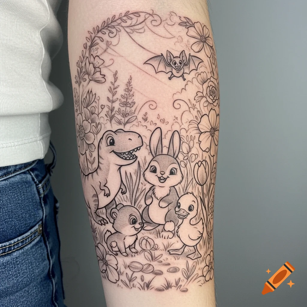 A whimsical black-and-grey tattoo on a forearm, depicting cartoon animals: a T-Rex, bunny, bear cub, duckling, and bat in a lush floral garden.