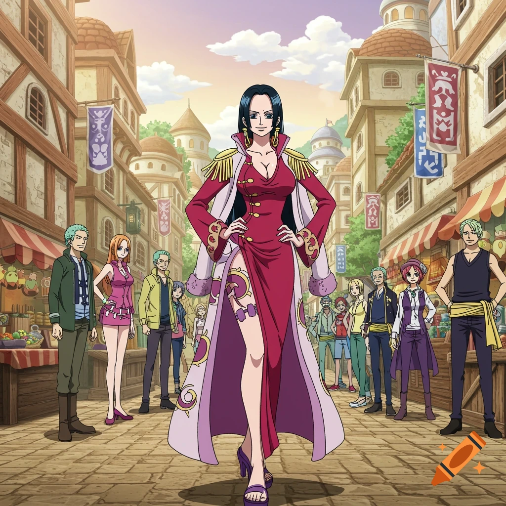 An anime image of Boa Hancock in a red dress and white coat, standing in a town square with other One Piece characters in the background.