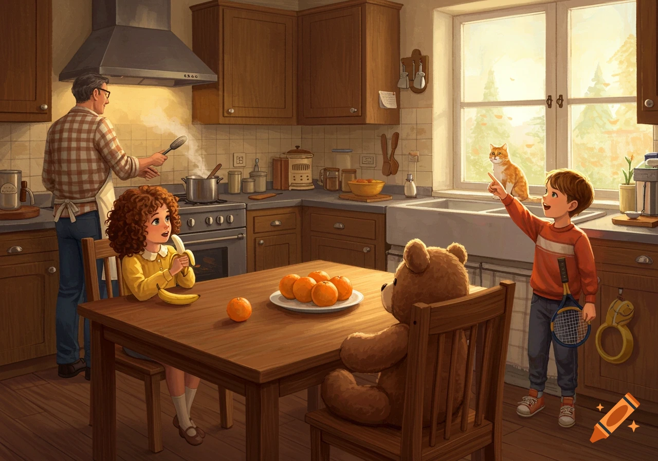 An illustrated scene of a family in a kitchen: a father cooks, a girl eats a banana at a table, and a boy points at a cat on a window sill.