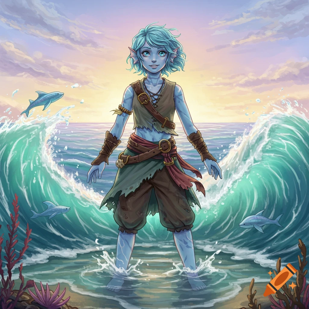An illustrated blue-skinned teenage water genasi with blue hair and eyes stands in ocean waves with dolphins, under a sunset sky.
