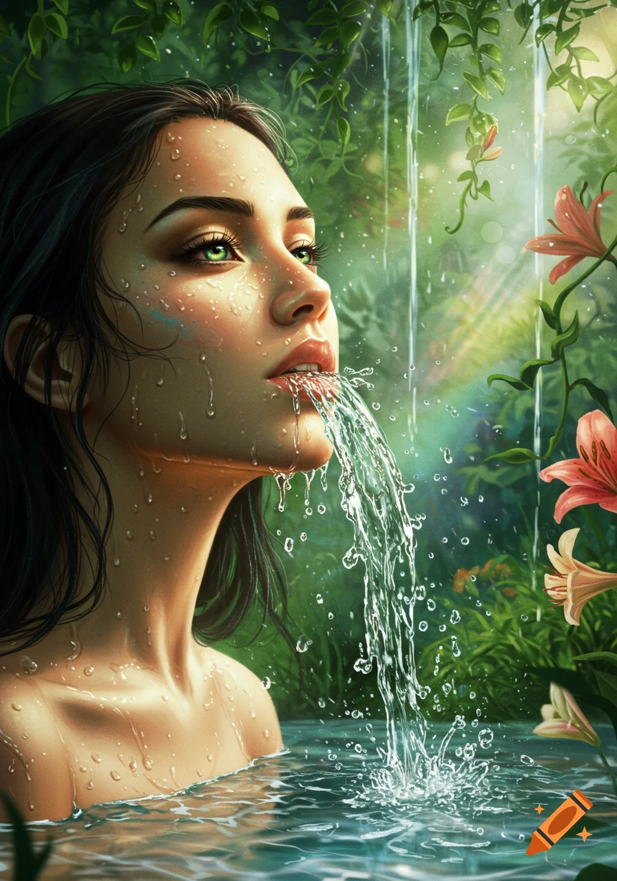 A woman with green eyes and water flowing from her mouth, in a lush green environment with flowers.