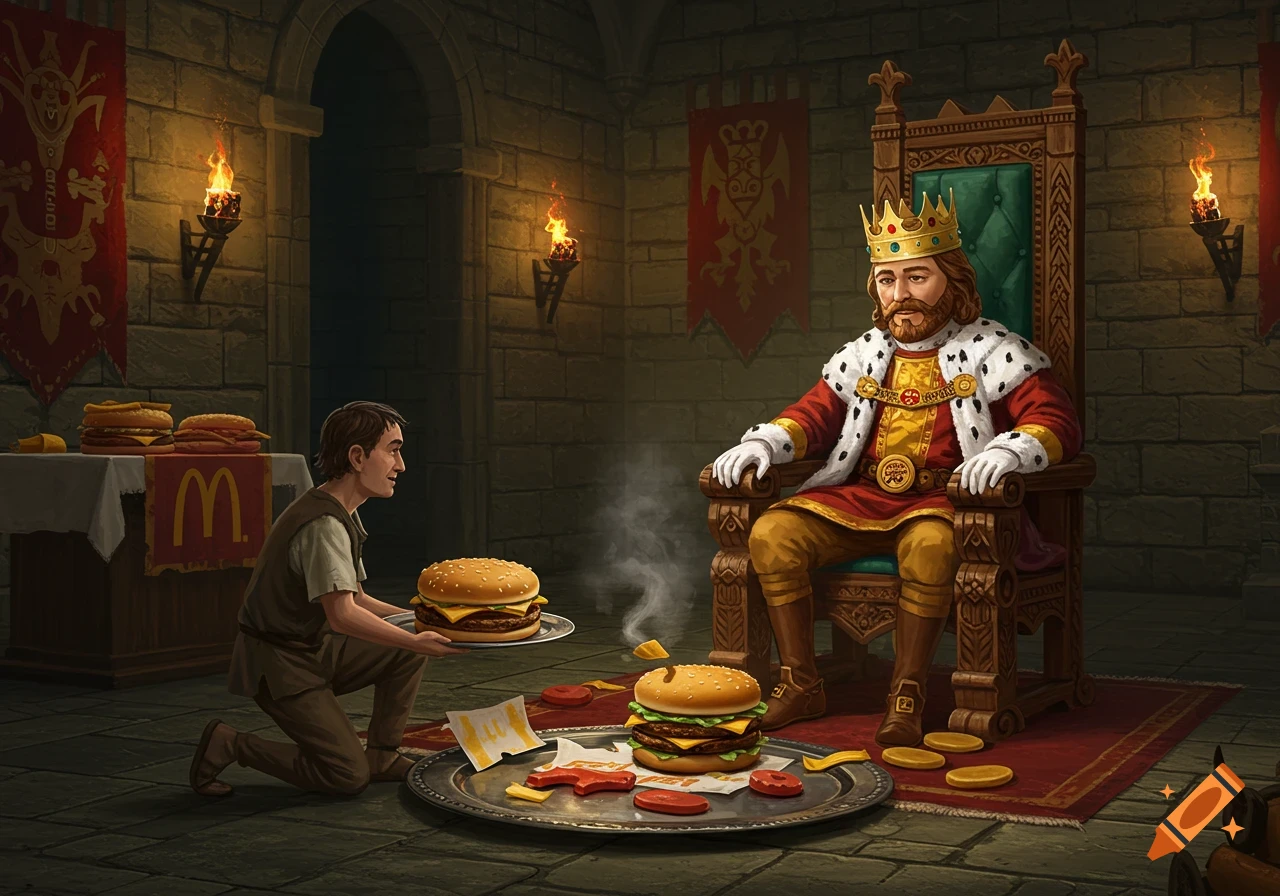 A medieval king on a throne accepts a burger as tribute from a kneeling peasant in a castle hall with McDonald's branding.