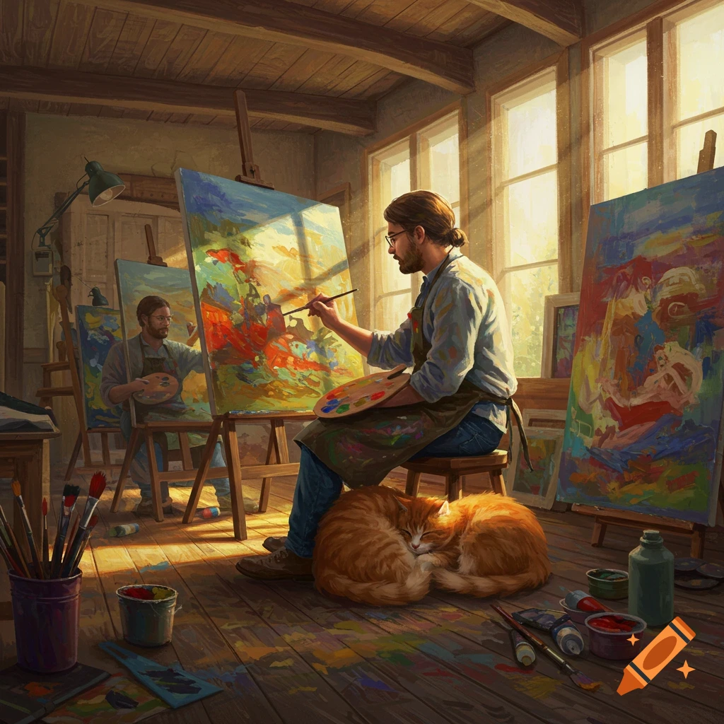 A man paints at an easel in a sunlit art studio, with an orange cat sleeping at his feet among scattered paint supplies.