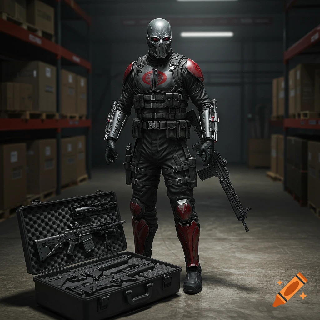 A photorealistic image of Destro from G.I. Joe, wearing tactical gear, holding a rifle, standing next to an open weapon case in a dimly lit warehouse.