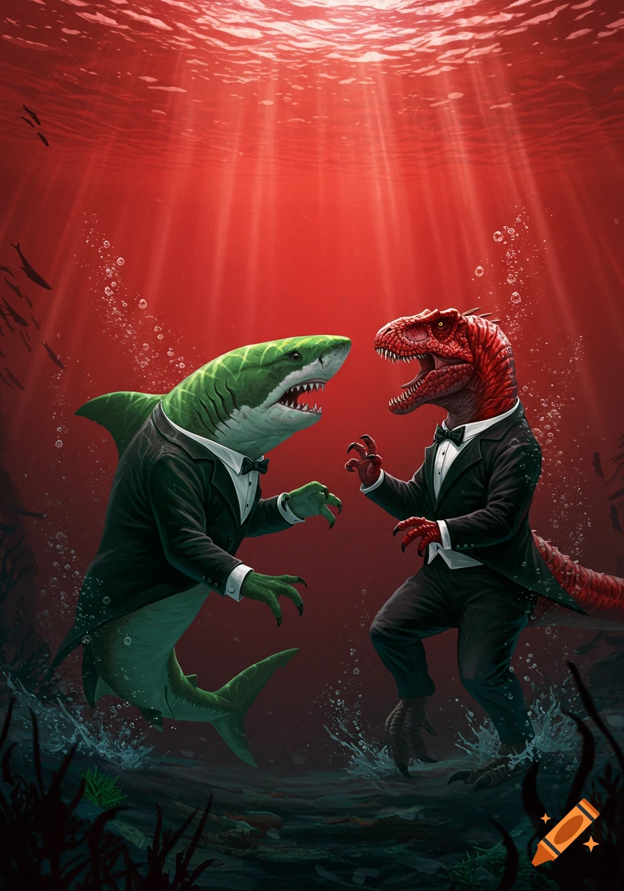 A green shark and a red Allosaurus in tuxedos stand underwater, facing each other.