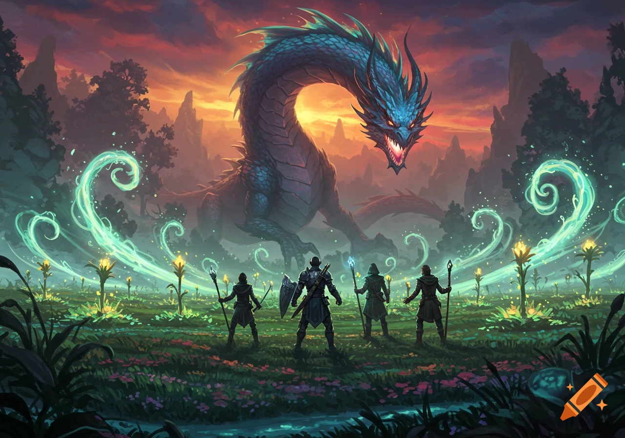 A large blue dragon looms over four adventurers in a glowing green field with glowing plants under a vibrant sunset sky.