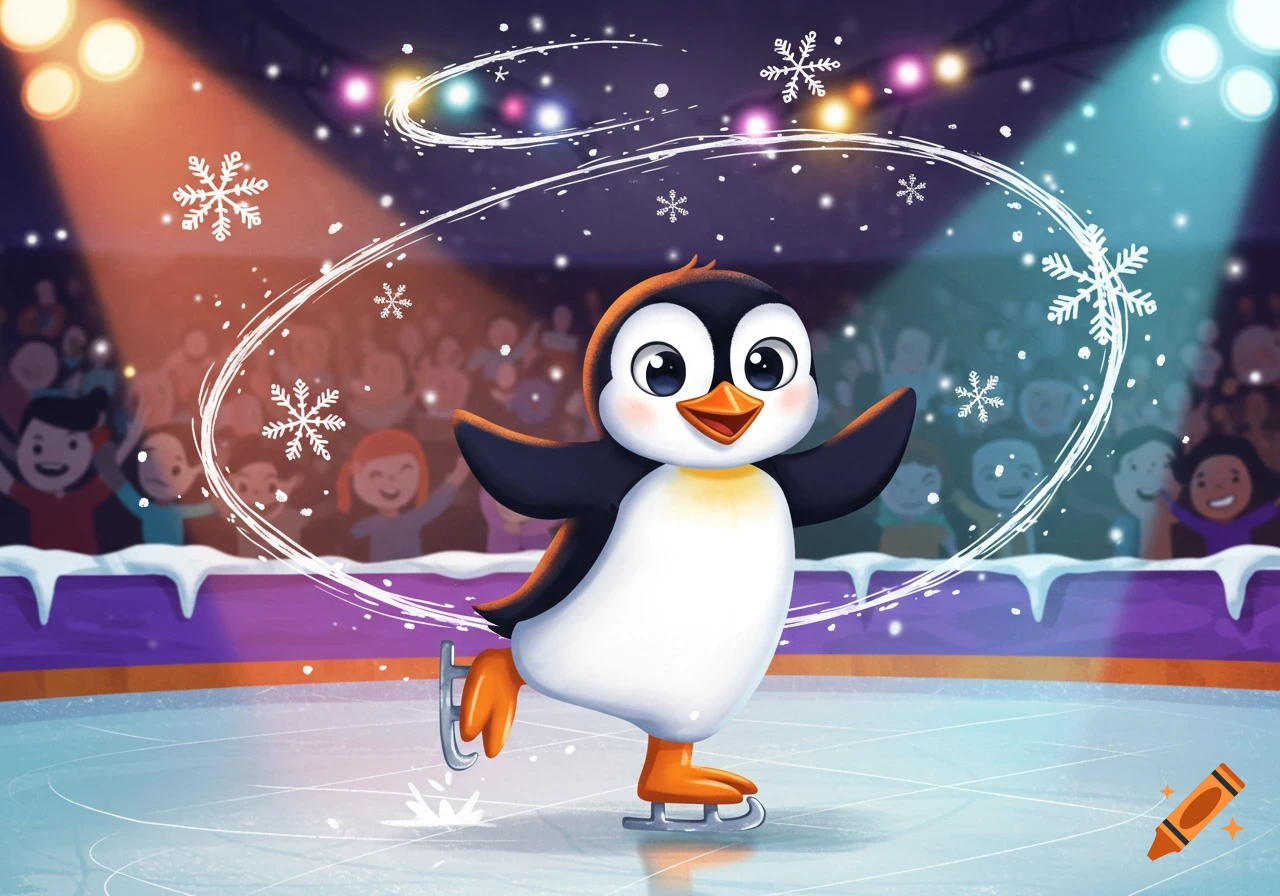 A cute cartoon penguin ice skating on a rink under spotlights, with a cheering audience in the background and snowflakes falling.