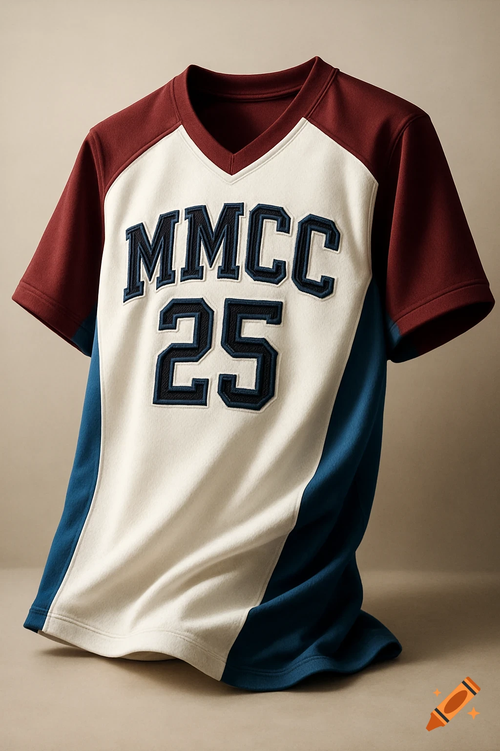 A maroon, white, and blue sports jersey with "MMCC 25" on the front, laying on a light brown surface.