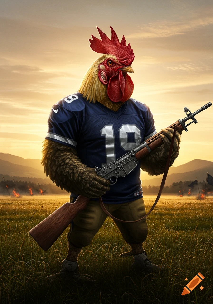 A humanoid rooster in a blue football jersey holding a rifle stands in a grassy field at sunset with distant fires.