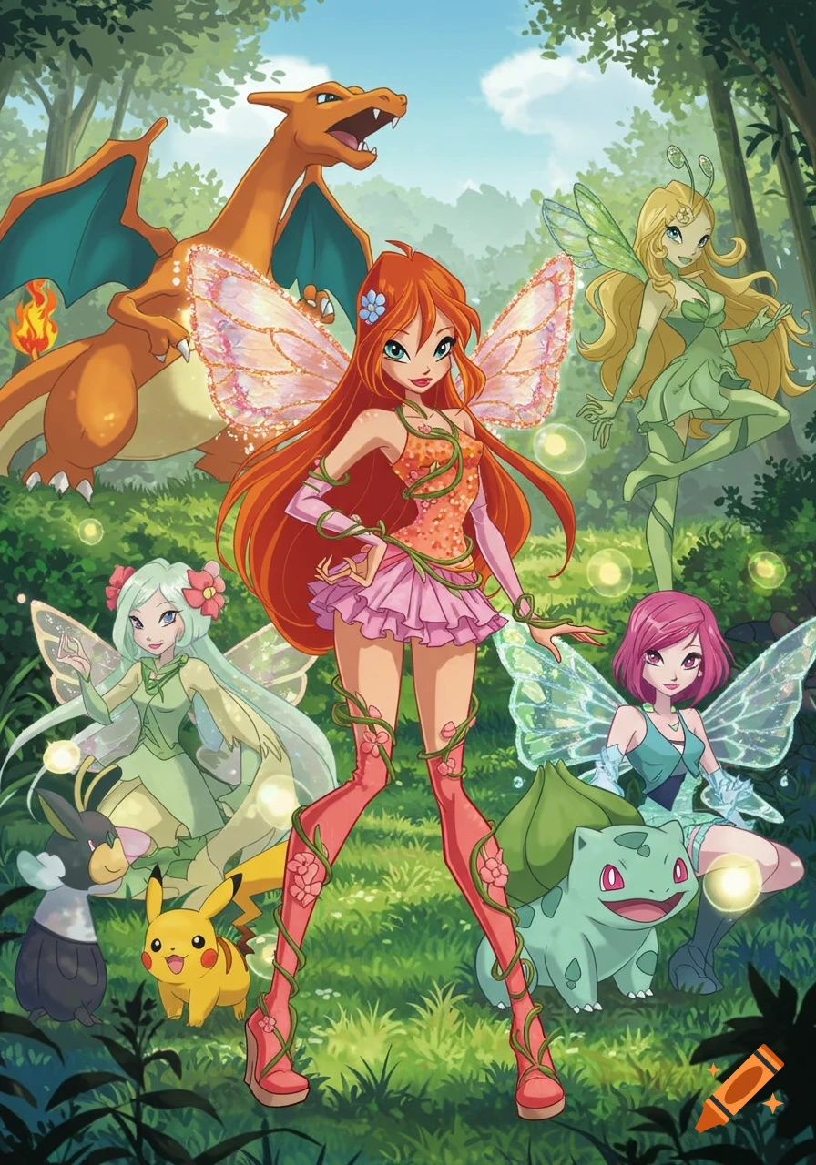 Winx Club fairies and Pokemon characters Charizard, Pikachu, Bulbasaur, and Murkrow pose in a magical forest.