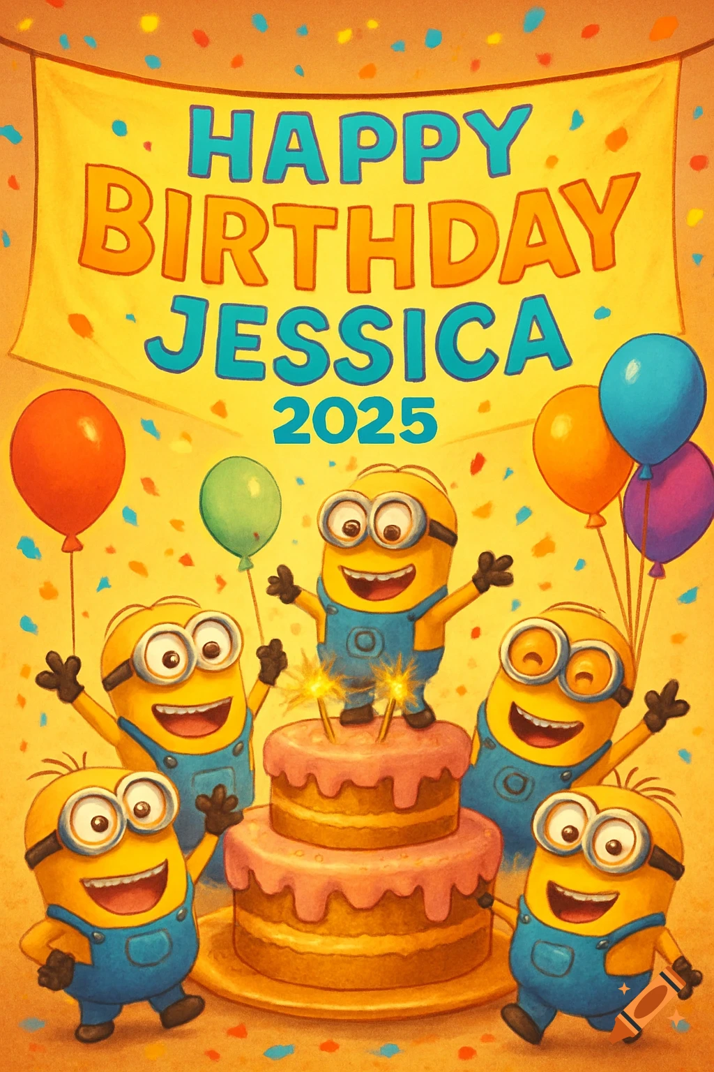 Cartoon illustration of Minions celebrating a birthday around a cake with sparklers and balloons, under a banner saying 'HAPPY BIRTHDAY JESSICA 2025'.