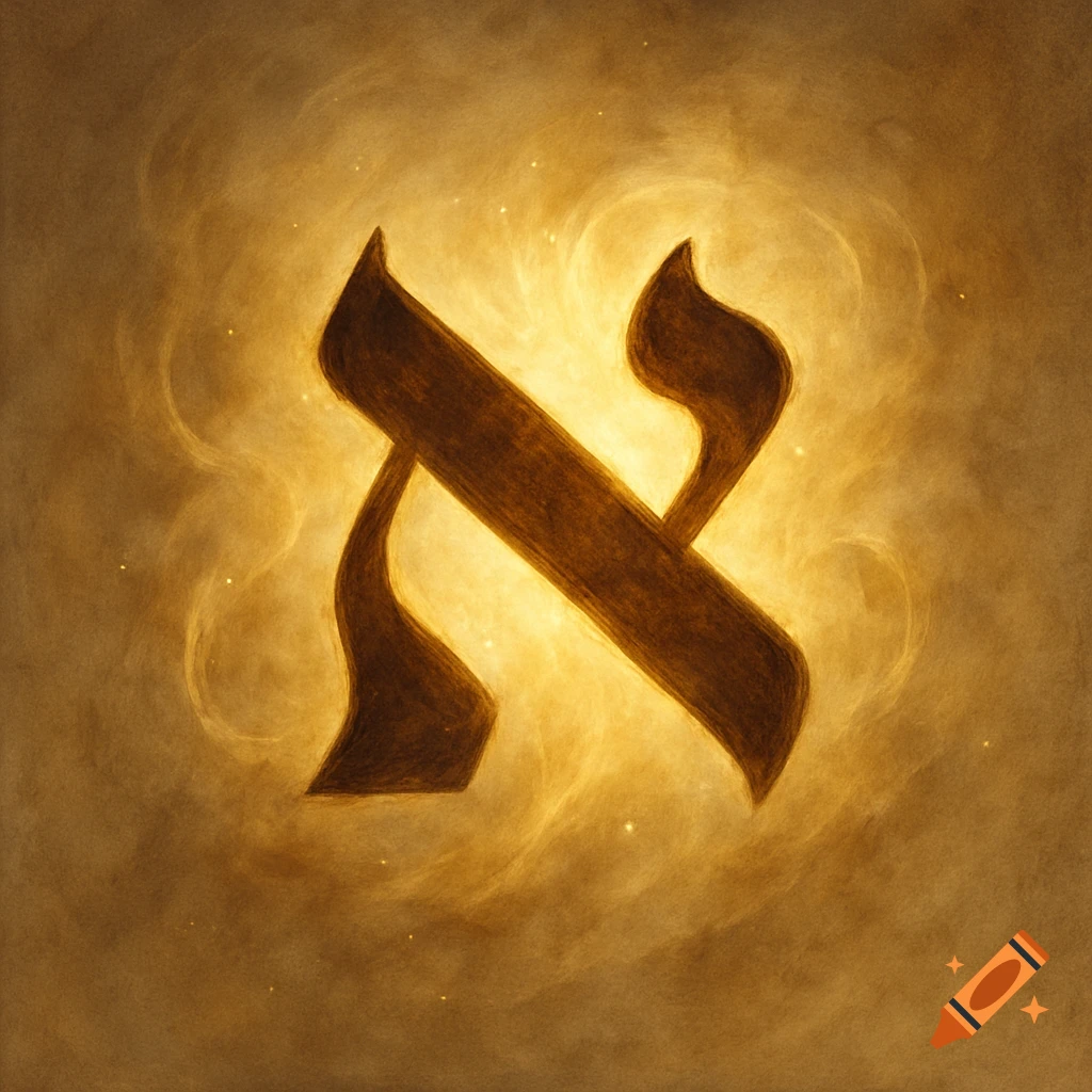 Calligraphic Hebrew letter Aleph in brown, glowing with golden light on a textured background.