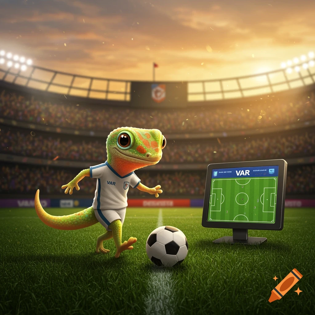 A cute, cartoonish gecko in a soccer jersey stands on a football field with a soccer ball and a VAR screen, in a stadium at sunset.