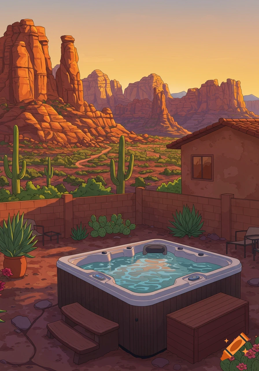 An illustration of a backyard hot tub and house with saguaro cacti, set against a desert landscape of towering red rock mountains at sunset.
