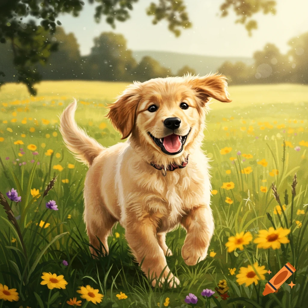 A happy golden retriever puppy runs through a sunny field filled with yellow and purple flowers.