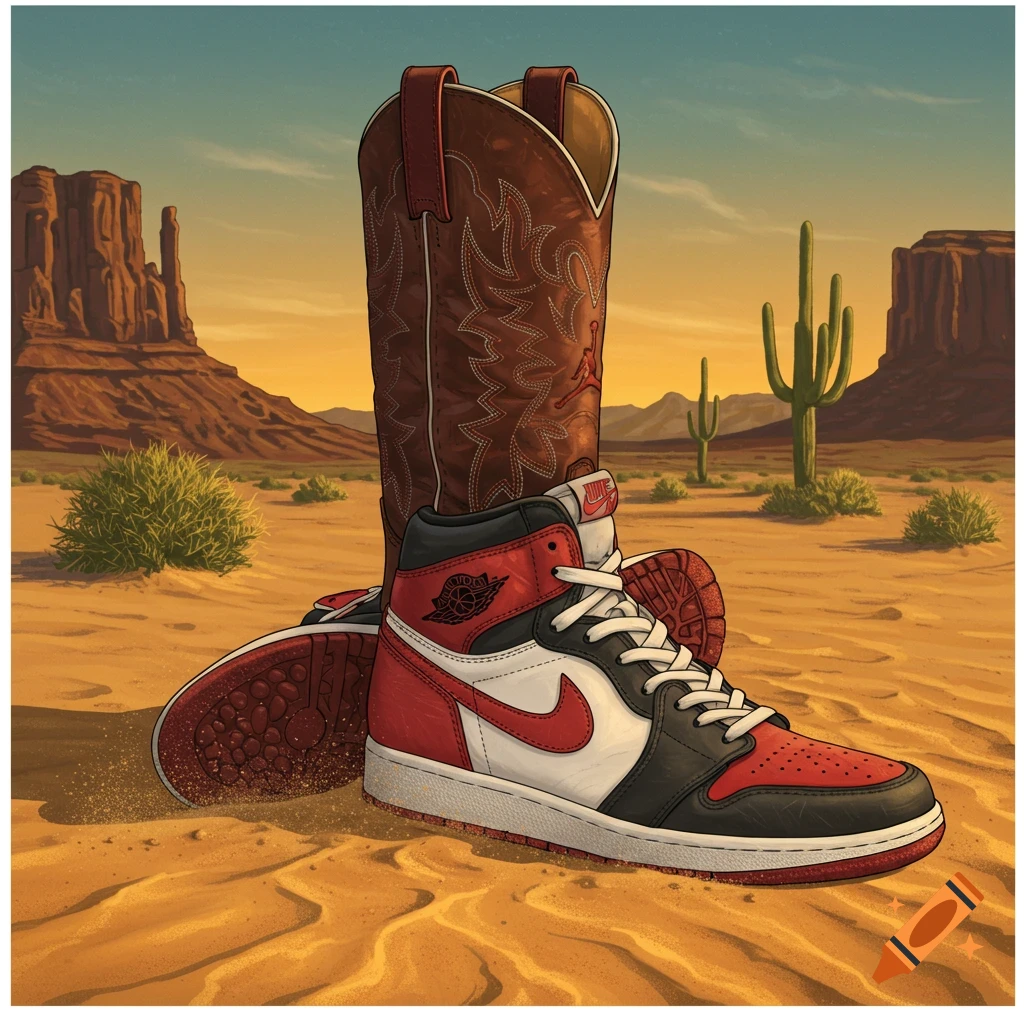 An illustrated hybrid shoe of a red and black Jordan 1 sneaker merged with a brown cowboy boot in a desert landscape with mesas and cacti.