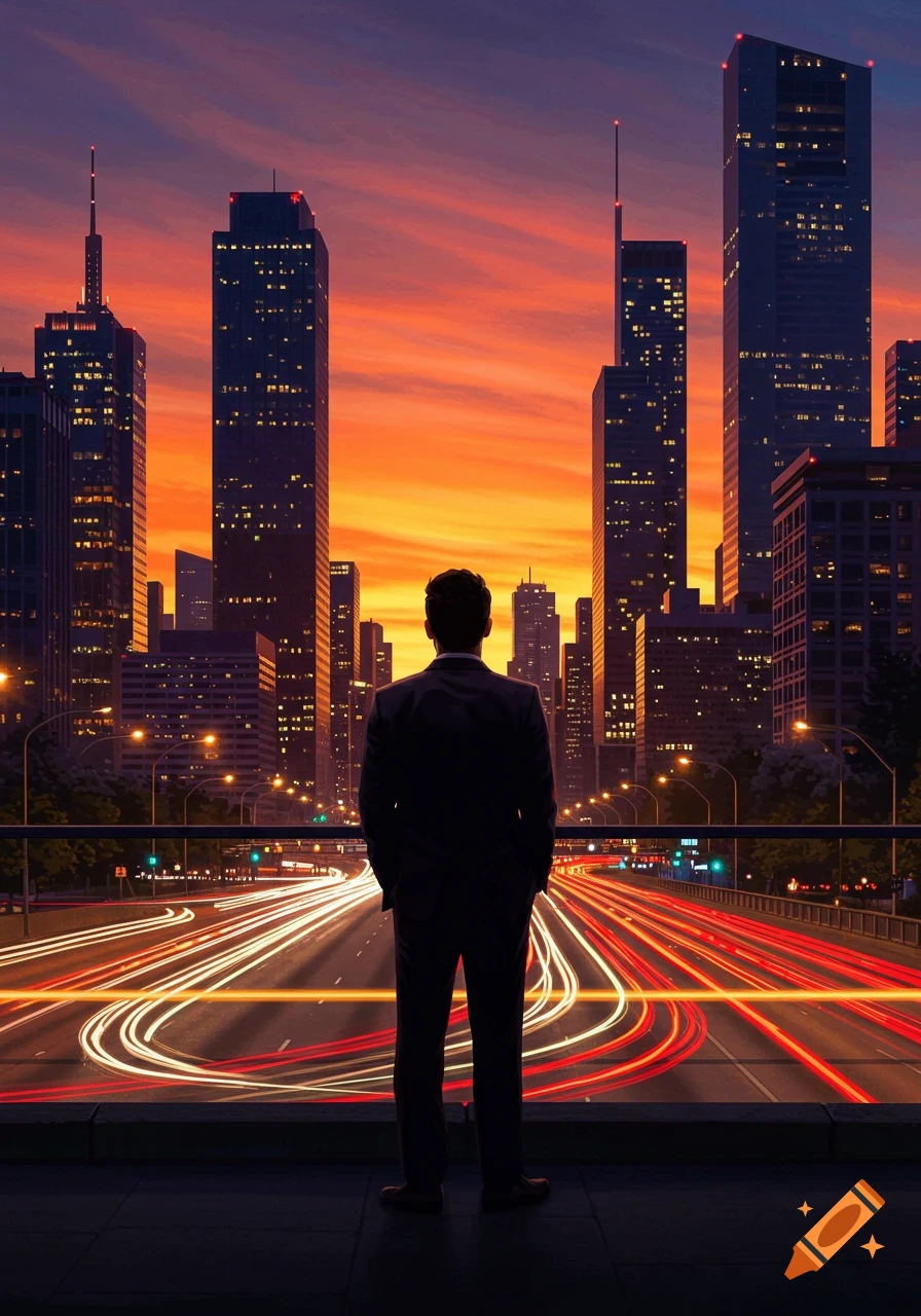 A man in a suit views a bustling city skyline at sunset, with streaking car lights on the highway below.