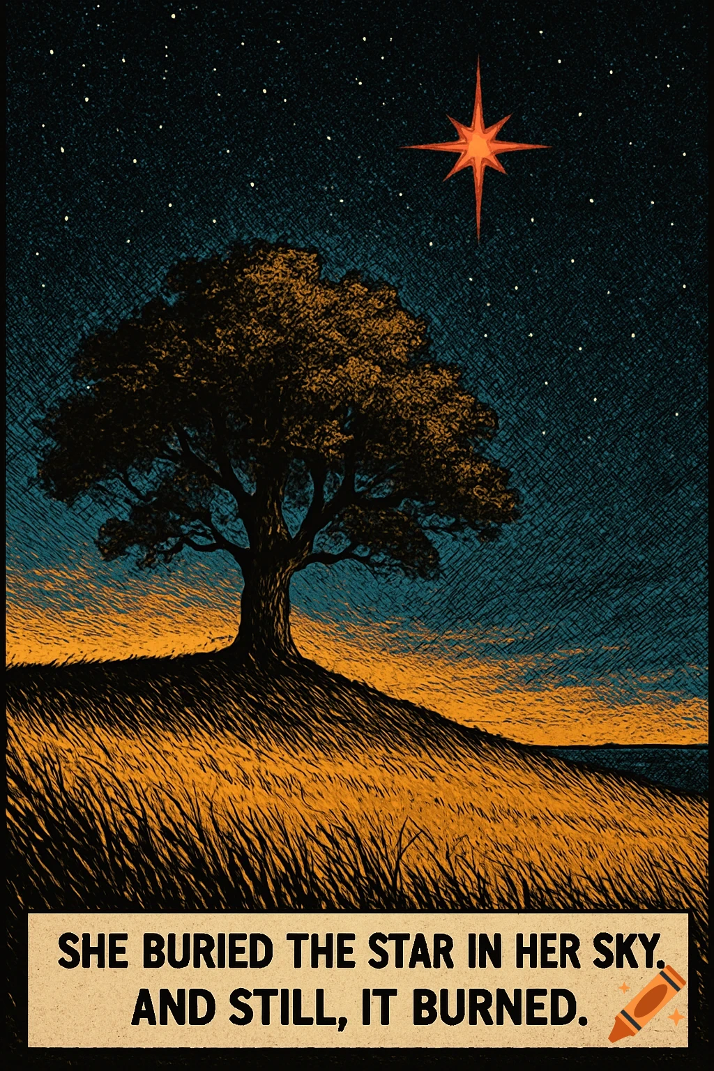 Graphic novel illustration of a lone tree on a grassy hill at night, under a dark sky with a red star. Caption at bottom.
