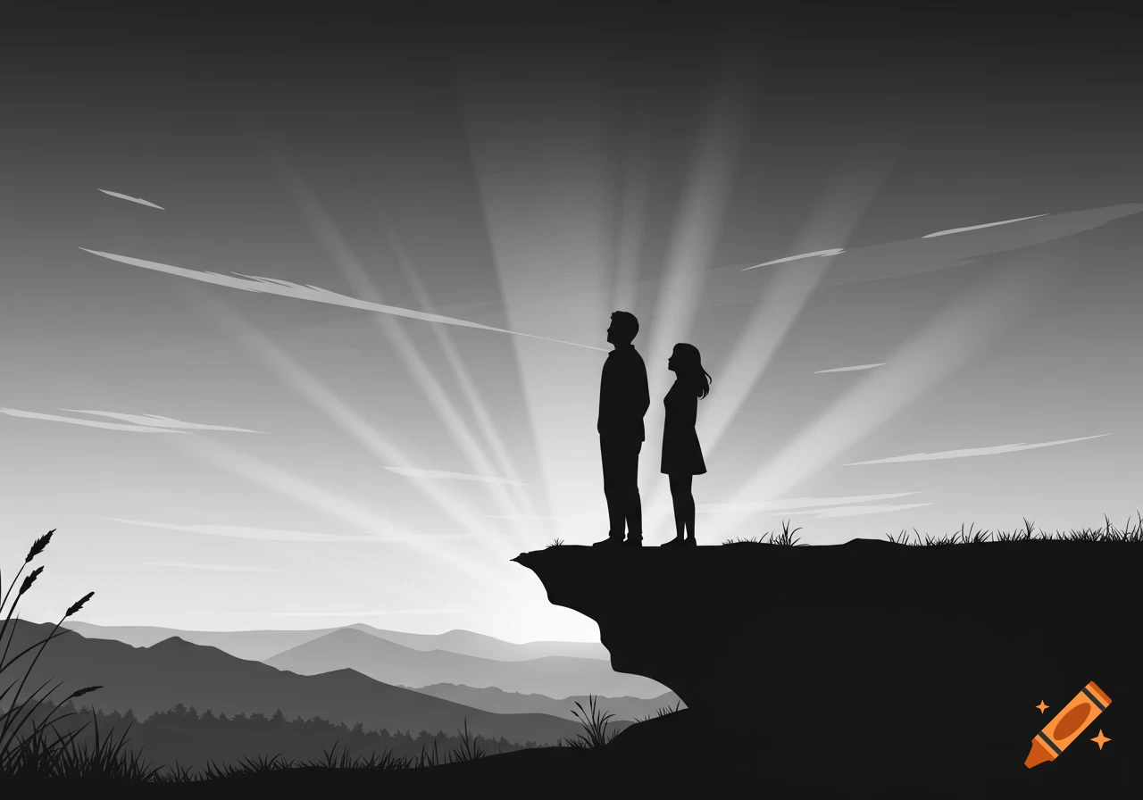 Silhouettes of a man and woman on a cliff watching a black and white vector sunrise over mountains.