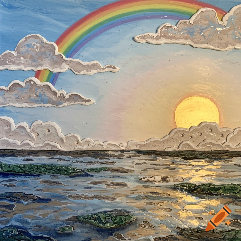 A textured artwork depicting a vibrant rainbow arching over white clouds, a bright sun, and a shimmering body of water.