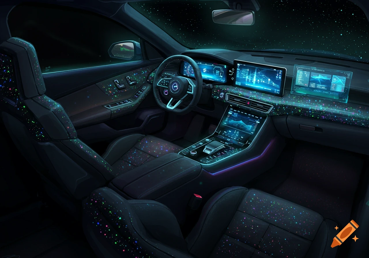 Futuristic car interior at night with glowing, colorful digital micro lights sparkling on surfaces and screens.