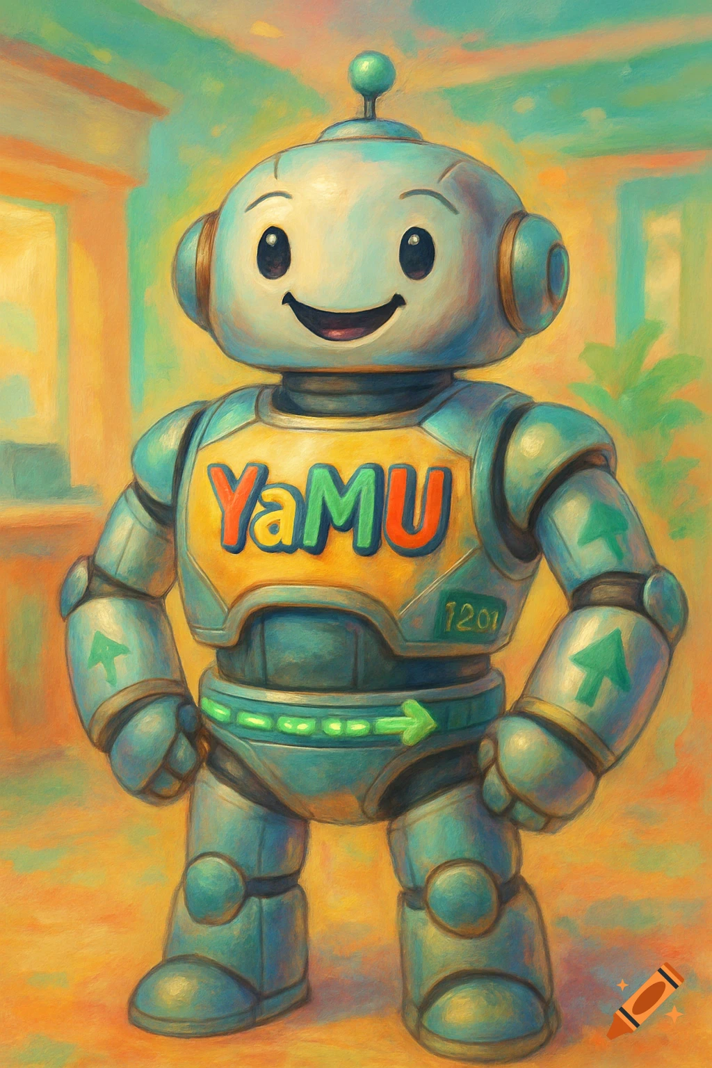 A friendly, cute robot with 'YaMU' on its chest and green arrows, in a vibrant digital painting style.