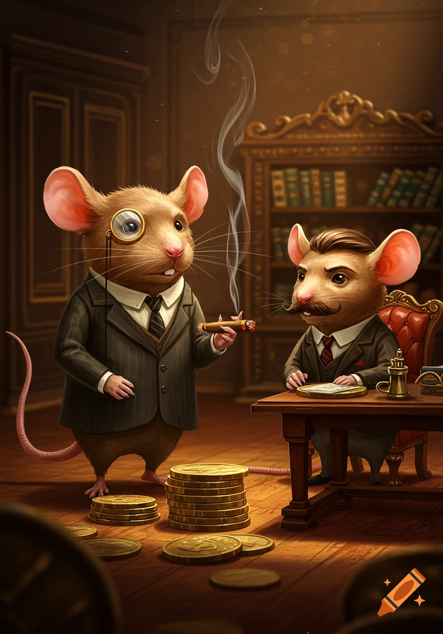 Two anthropomorphic mice in suits in a rich room with gold coins. One with a monocle smokes a cigar; the other with a mustache sits at a desk.