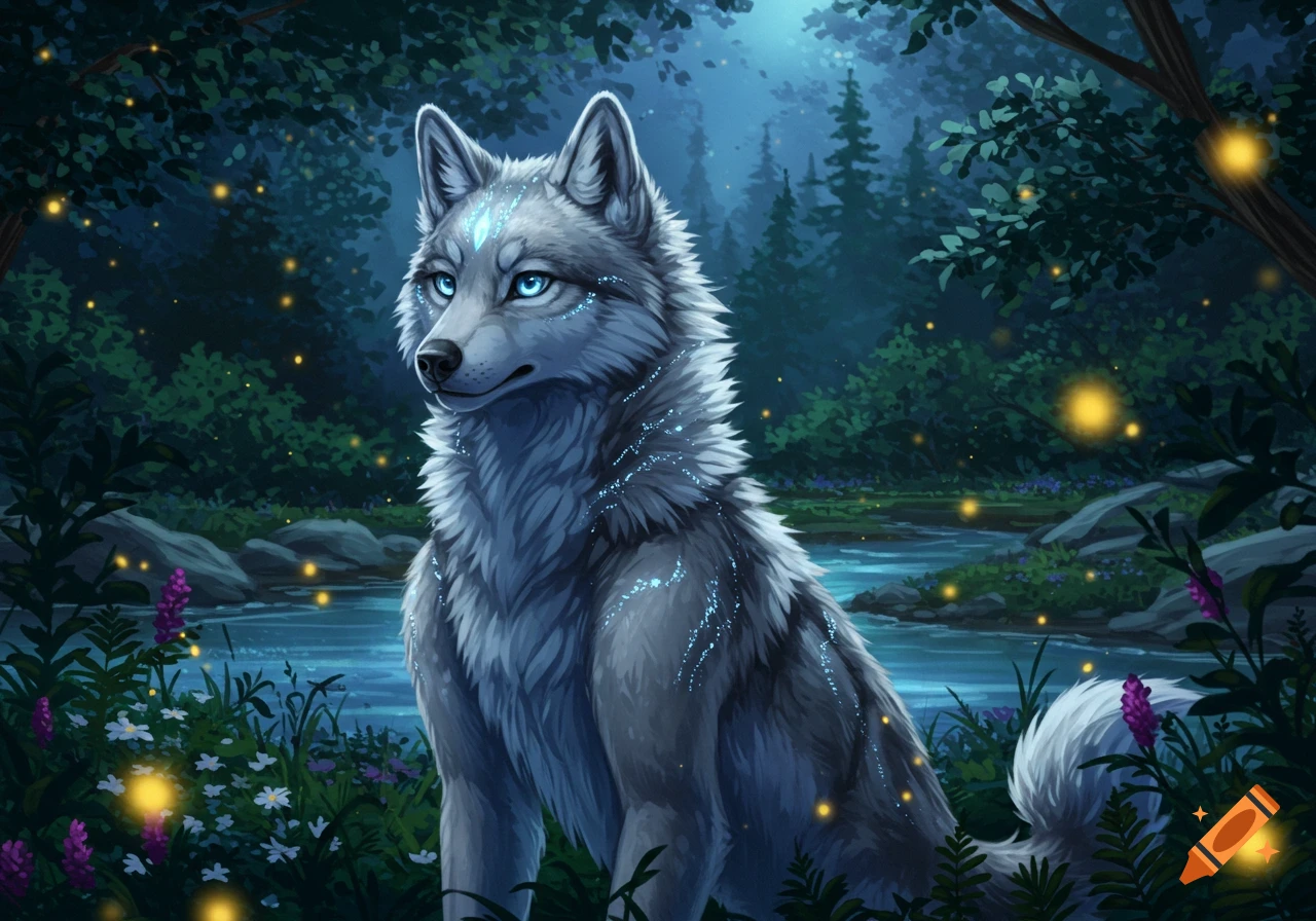 A blue-eyed, grey wolf with glowing markings sits in a dark, magical forest at night with fireflies. Digital art.
