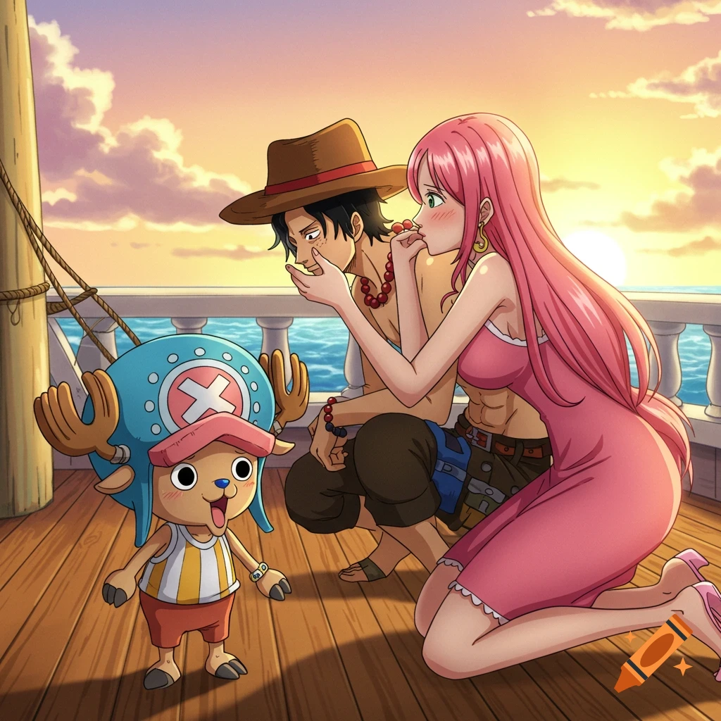 Tony Tony Chopper watches as Portgas D. Ace kisses a pink-haired woman on a ship at sunset, anime style.
