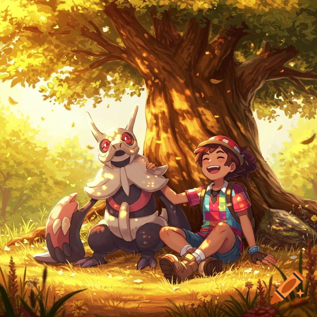 A happy anime-style Pokémon trainer sits laughing under a large tree with their Kingambit in a sunny, golden field.
