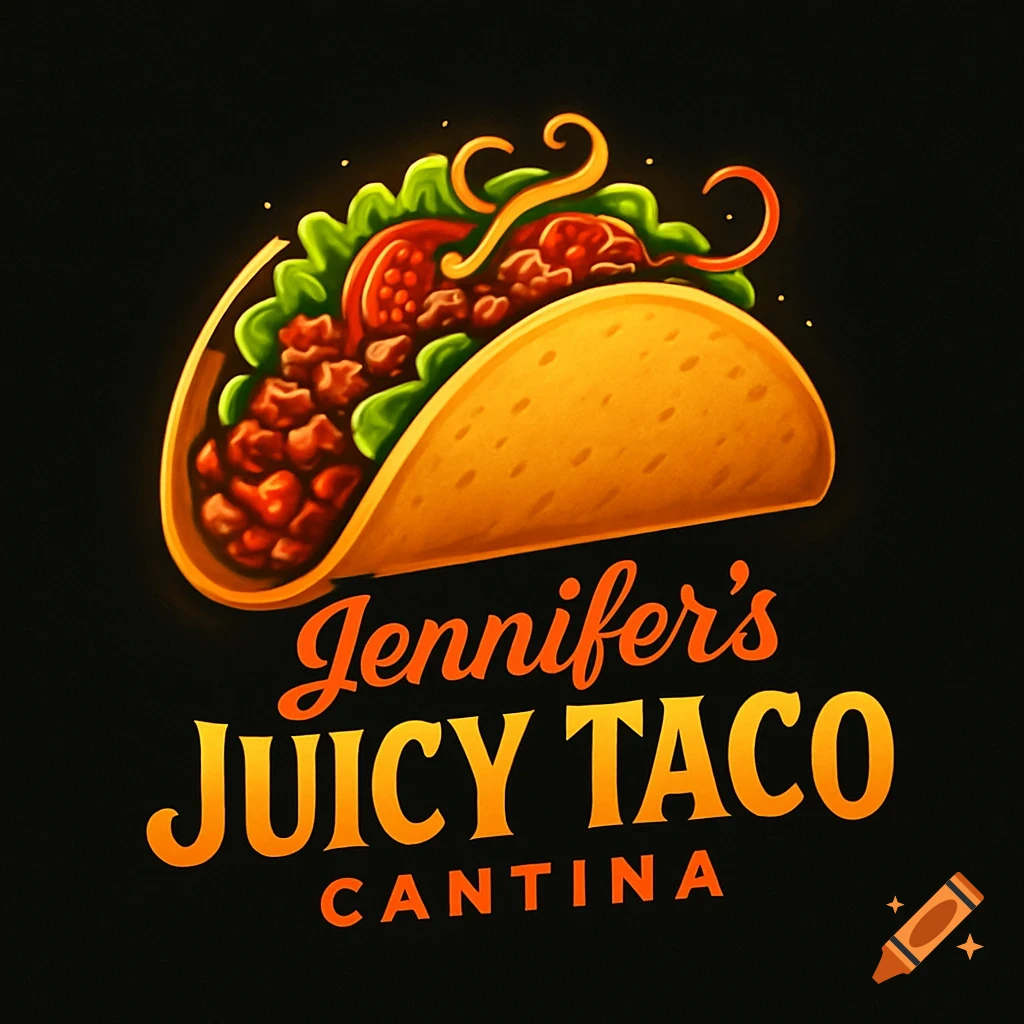 A colorful, glowing illustration of a taco with the text "Jennifer's Juicy Taco Cantina" beneath it, on a dark background.