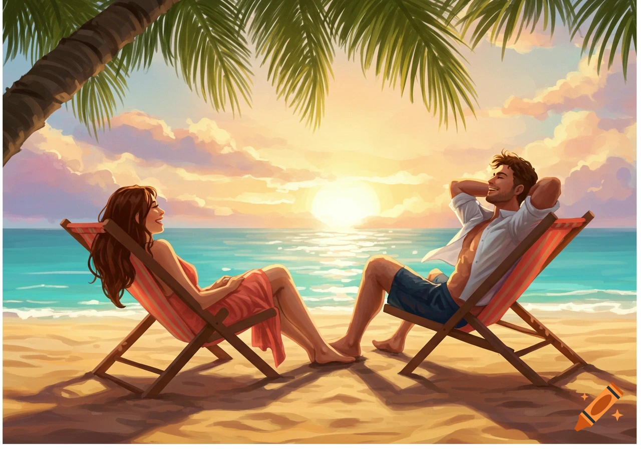 Digital painting of a man and woman relaxing on beach chairs at sunset.