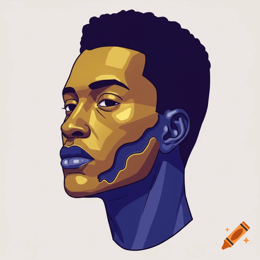 Stylized portrait illustration of a person's head with dark hair, gold skin, and a blue lower face and neck, on a light background.