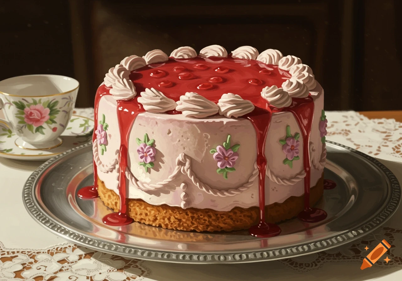 A vintage-style cake with red cherry drizzle and white frosting on a silver platter, next to a floral teacup and lace tablecloth.