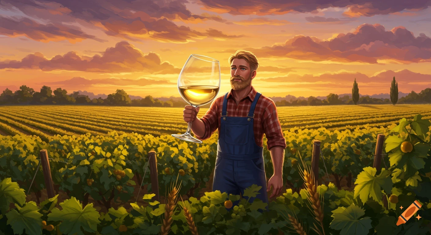 A blond male farmer with a beard holds a huge glass of white wine in a vineyard at sunset, digital painting.