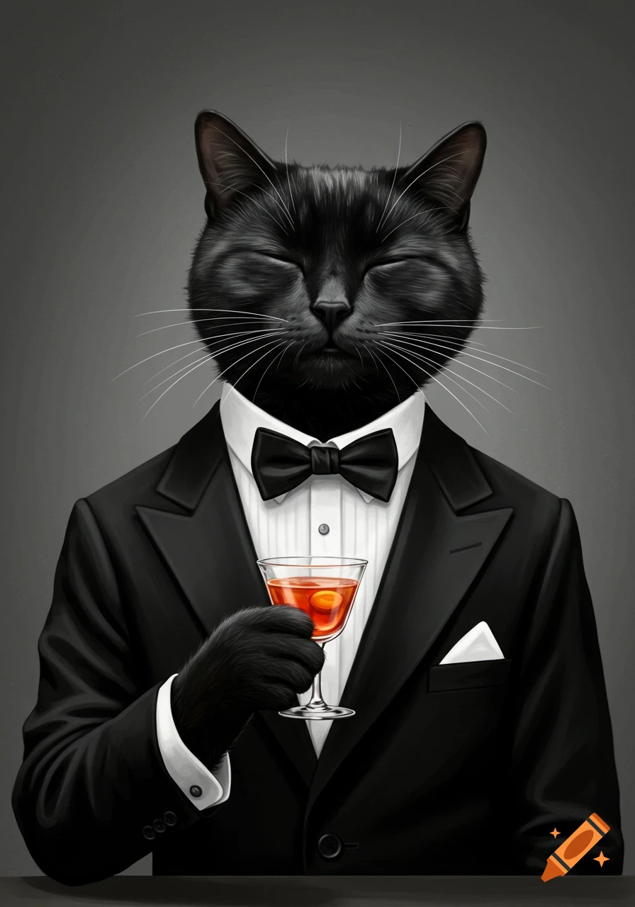 A black cat in a tuxedo, eyes closed, holding a cocktail, against a grey background.