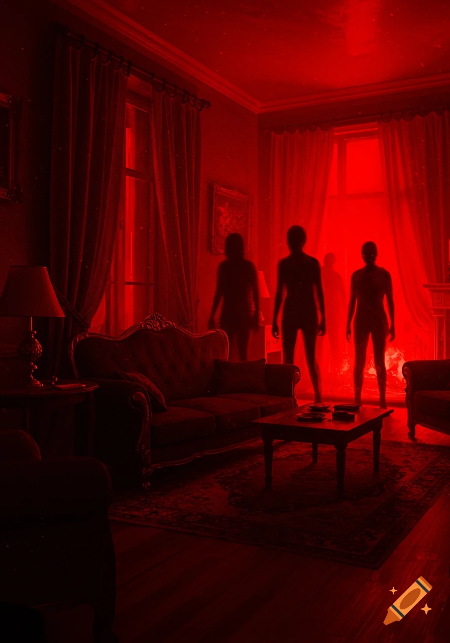 Shadowy figures stand in a red-lit, ominous living room with antique furniture.