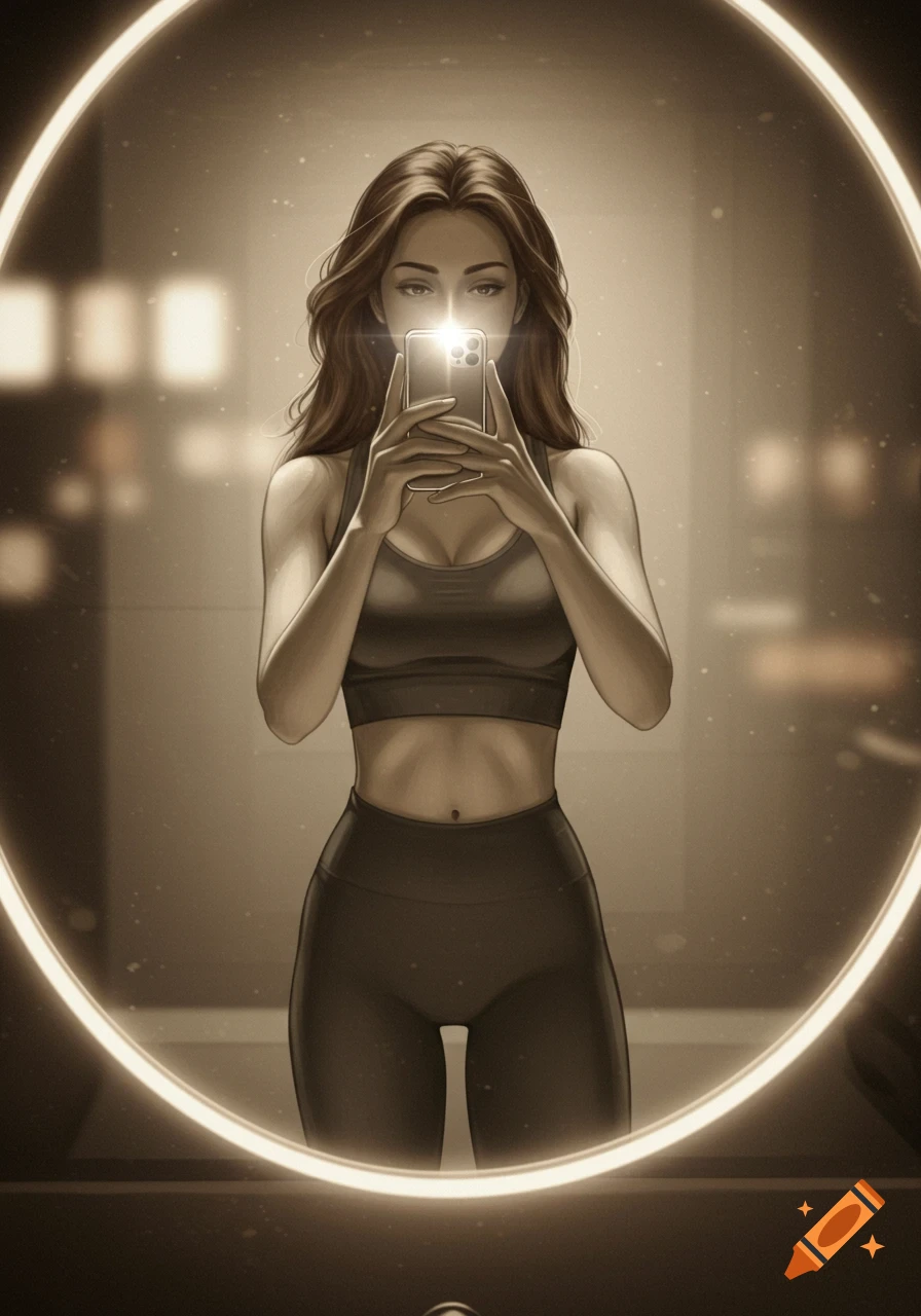 Illustrated woman in athletic wear taking a mirror selfie with a bright phone flash, reflected in a large circular light.