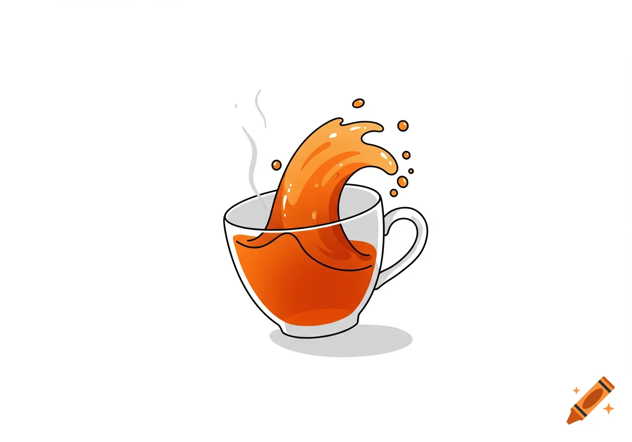 A simple flat drawing of a white teacup with a wave of orange tea rising out of it, splashing drops.